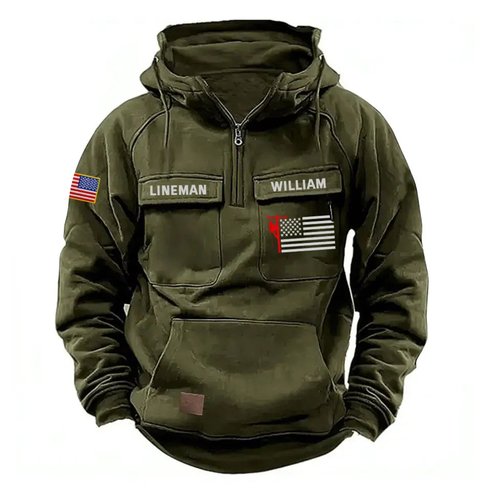 Personalized US Lineman Custom Name US Flag American Retro Hooded Sweatshirt Printed KVH241501