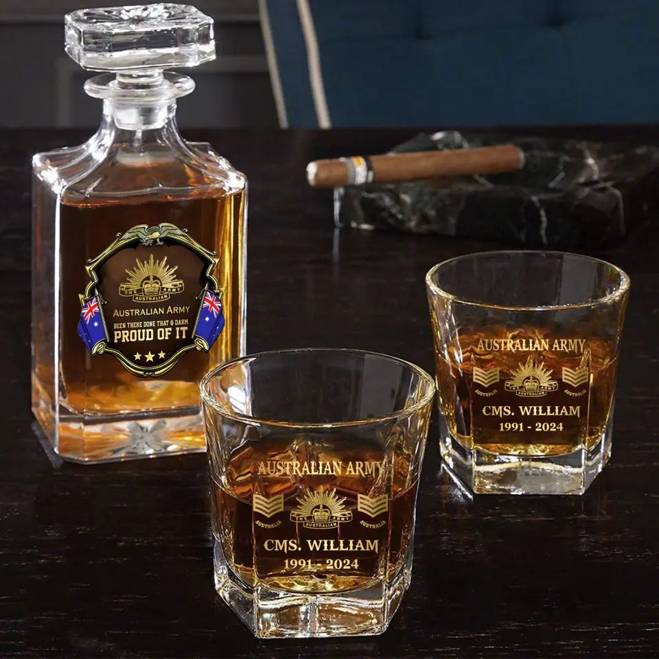 Personalized Australian Army Been There Done That & Darm Proud Of It Australian Veteran Rank Gold Decanter Set With Glasses Printed AHVA251595