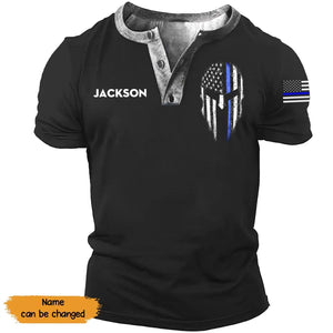 Personalized US Police Blue Line Flag Lapel Button Men's Short Sleeves Printed QTKH241615