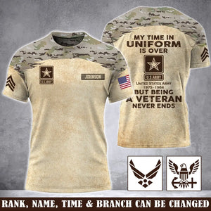 Personalized My Time In Uniform Is Over But Being A Veteran Never Ends US Veteran Logo 3D T-shirt Printed AHVA241617
