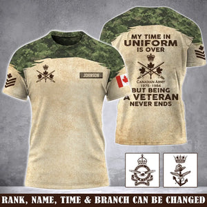 Personalized My Time In Uniform Is Over But Being A Veteran Never Ends Canadian Army Veteran Camo 3D T-shirt Printed AHVA241617