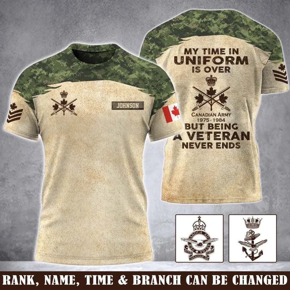 Personalized My Time In Uniform Is Over But Being A Veteran Never Ends Canadian Army Veteran Camo 3D T-shirt Printed AHVA241617