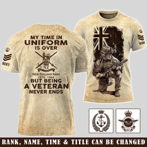 Personalized My Time In Uniform Is Over Royal New Zealands Army But Being A Veteran Never Ends 3D T-shirt Printed AHVA241609
