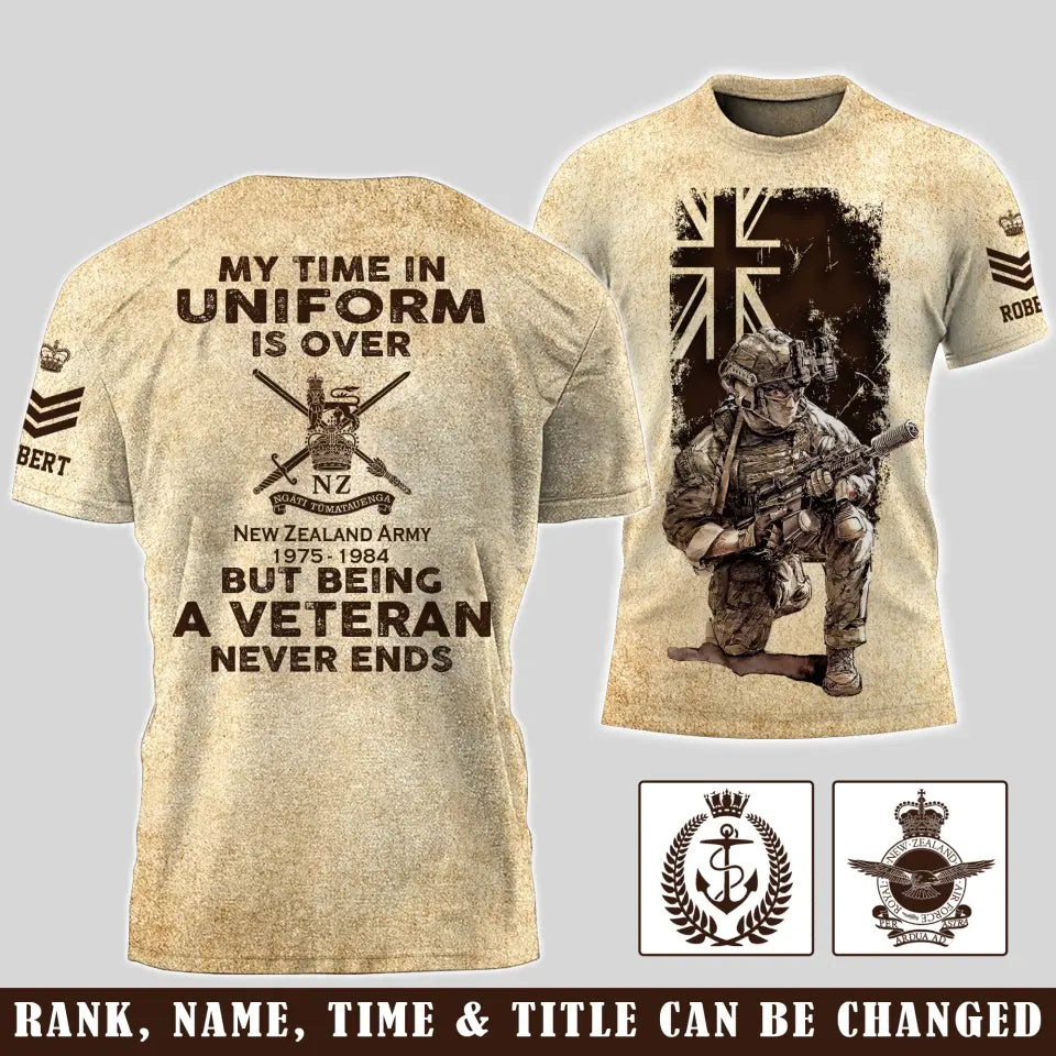 Personalized My Time In Uniform Is Over Royal New Zealands Army But Being A Veteran Never Ends 3D T-shirt Printed AHVA241609