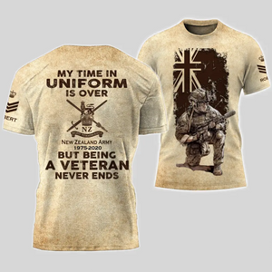 Personalized My Time In Uniform Is Over Royal New Zealands Army But Being A Veteran Never Ends 3D T-shirt Printed AHVA241609