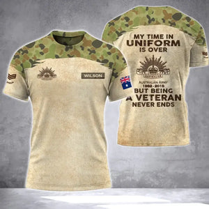 Personalized My Time In Uniform Is Over But Being A Veteran Never Ends Australian Army Veteran Camo 3D T-shirt Printed AHVA241617