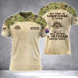 Personalized My Time In Uniform Is Over But Being A Veteran Never Ends Australian Army Veteran Camo 3D T-shirt Printed AHVA241617