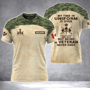 Personalized My Time In Uniform Is Over But Being A Veteran Never Ends Canadian Army Veteran Camo 3D T-shirt Printed AHVA241617
