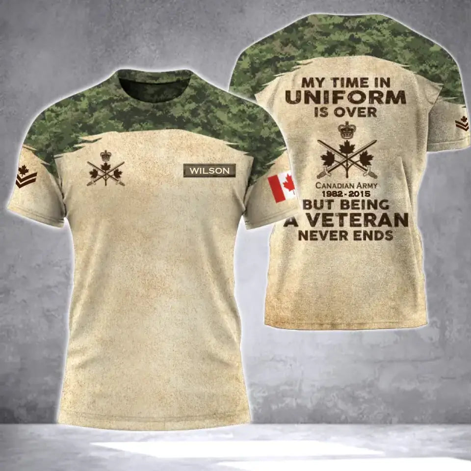 Personalized My Time In Uniform Is Over But Being A Veteran Never Ends Canadian Army Veteran Camo 3D T-shirt Printed AHVA241617