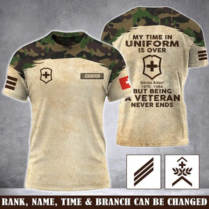 Personalized My Time In Uniform Is Over But Being A Veteran Never Ends Swiss Veteran 3D T-shirt Printed AHVA241645