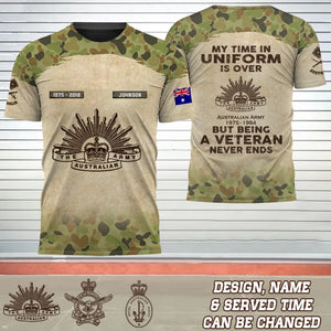 Personalized My Time In Uniform Is Over But Being A Veteran Never Ends Australian Veteran Logo 3D T-shirt Printed AHVQ241647