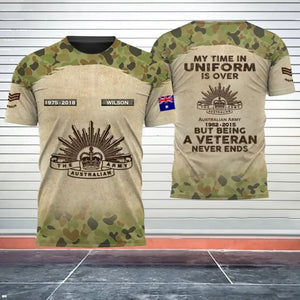 Personalized My Time In Uniform Is Over But Being A Veteran Never Ends Australian Veteran Logo 3D T-shirt Printed AHVQ241647