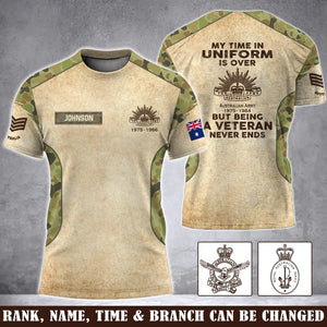 Personalized My Time In Uniform Is Over But Being A Veteran Never Ends Australian Veteran 3D T-shirt Printed AHVA241655