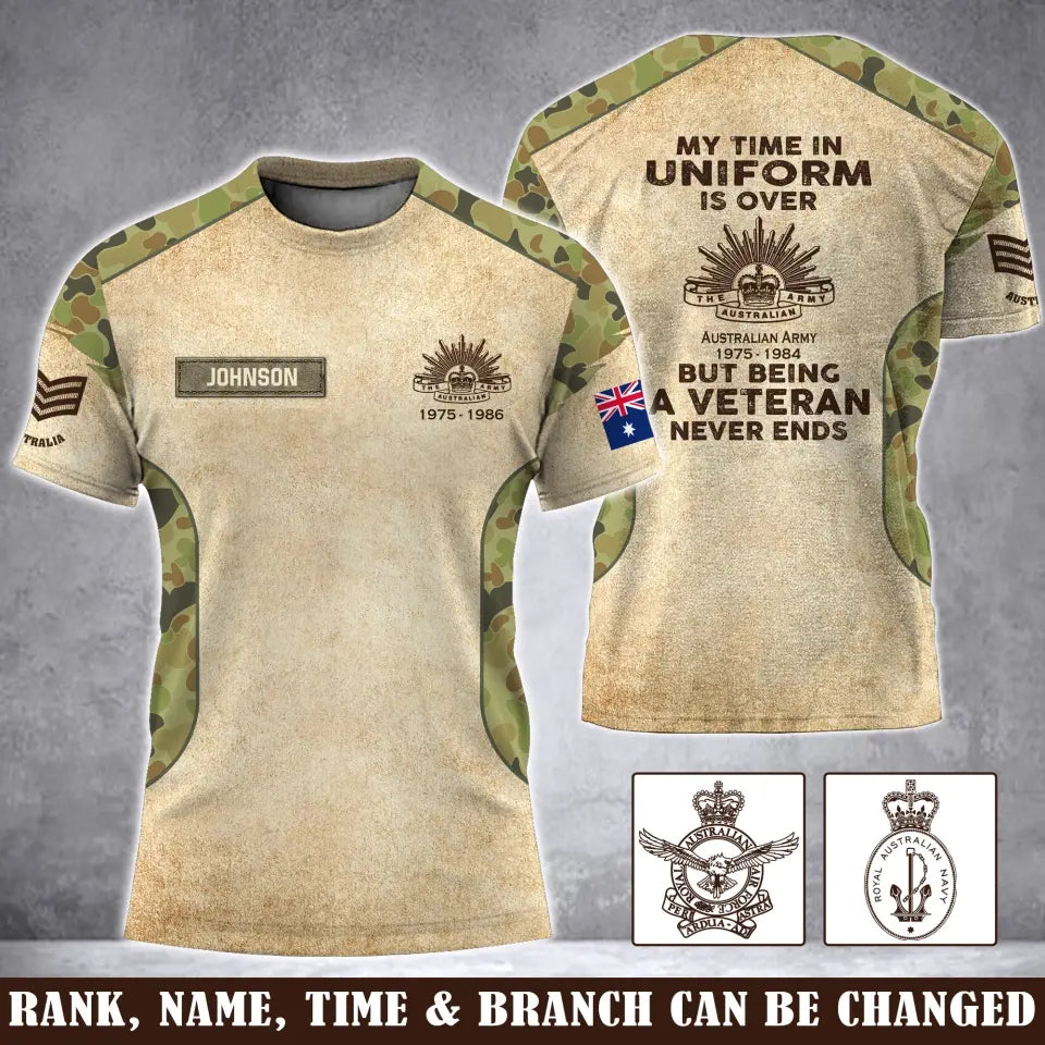 Personalized My Time In Uniform Is Over But Being A Veteran Never Ends Australian Veteran 3D T-shirt Printed AHVA241655
