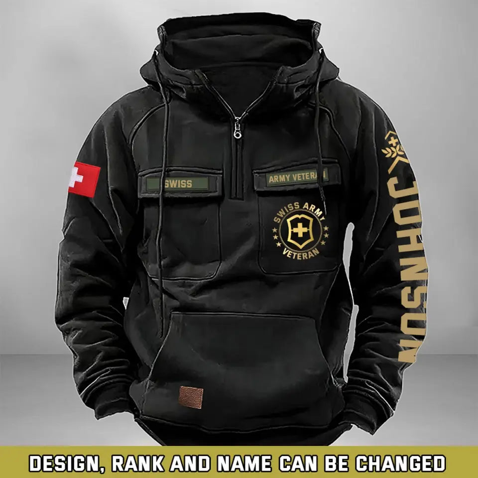 Personalized Swiss Army Veteran Rank Gold & Logo American Retro Hooded Sweatshirt Printed KVH241669