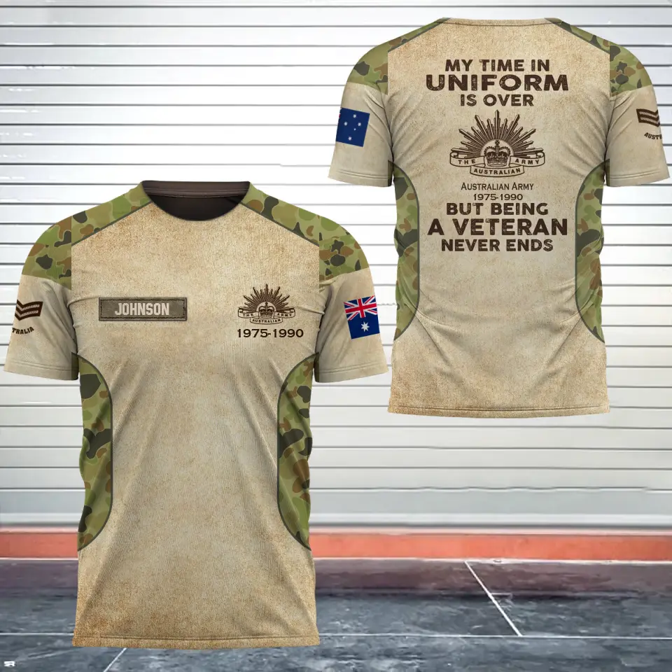 Personalized My Time In Uniform Is Over But Being A Veteran Never Ends Australian Veteran 3D T-shirt Printed AHVA241655