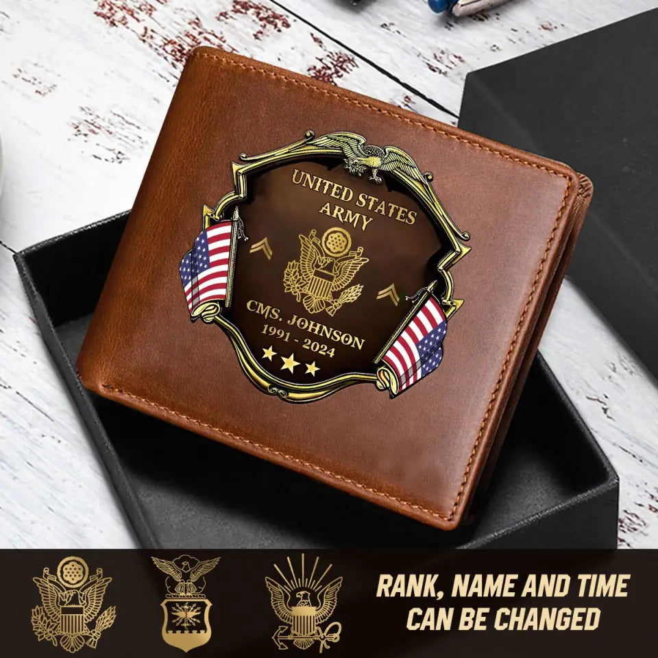Personalized US Army Veteran Rank Gold Custom Name & Time Leather Wallet Printed AHHN241660