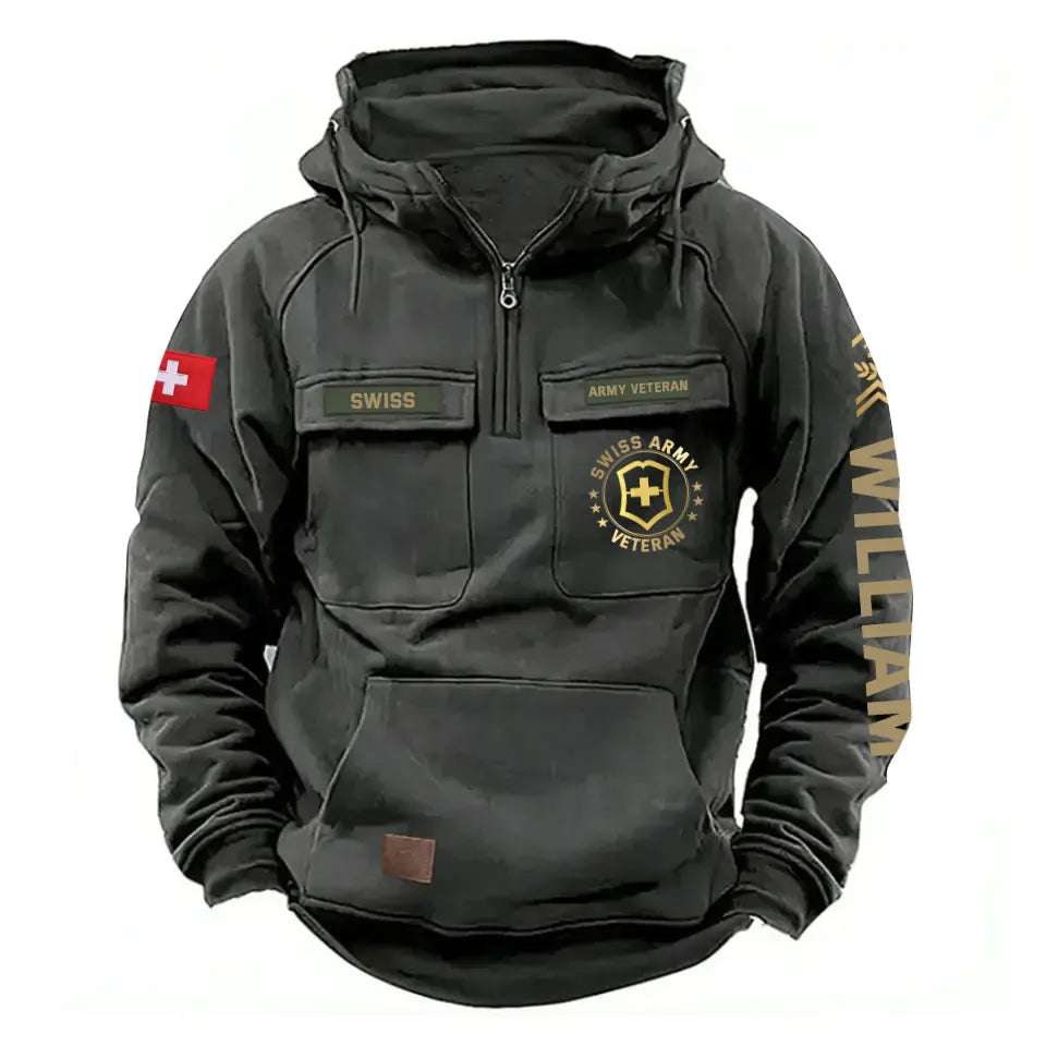 Personalized Swiss Army Veteran Rank Gold & Logo American Retro Hooded Sweatshirt Printed KVH241669
