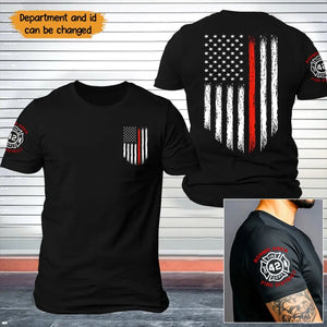 Personalized US Firefighter Department  & ID Number US Flag Red Line T-shirt Printed KVH241721