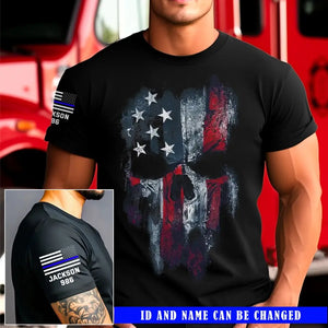 Personalized Skull US Flag US Police Blue Line Custom Name & ID T-shirt Printed QTKH241724