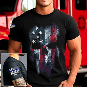 Personalized Skull US Flag US Police Blue Line Custom Name & ID T-shirt Printed QTKH241724