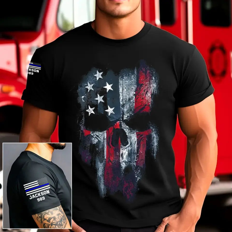 Personalized Skull US Flag US Police Blue Line Custom Name & ID T-shirt Printed QTKH241724