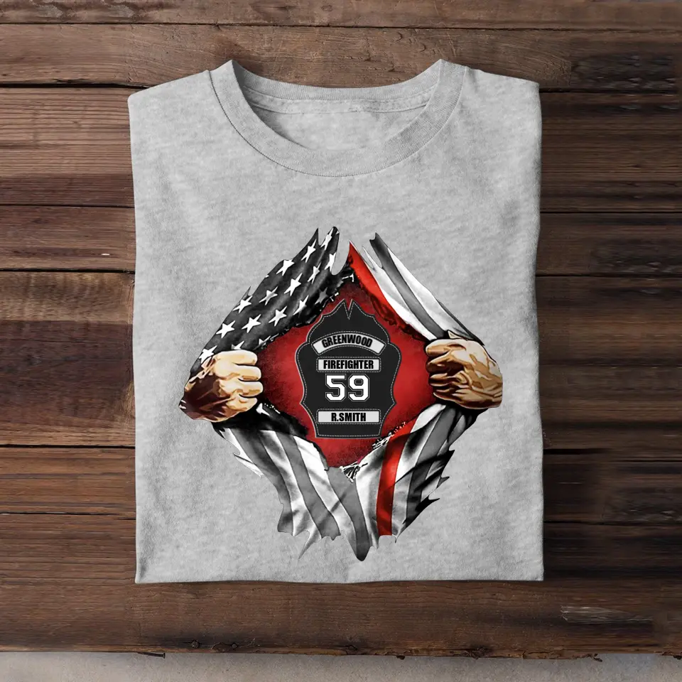 Personalized US Firefighter Hand Tear Flag Custom Name & ID Number T-shirt Printed LVA241772