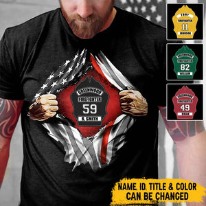 Personalized US Firefighter Hand Tear Flag Custom Name & ID Number T-shirt Printed LVA241772