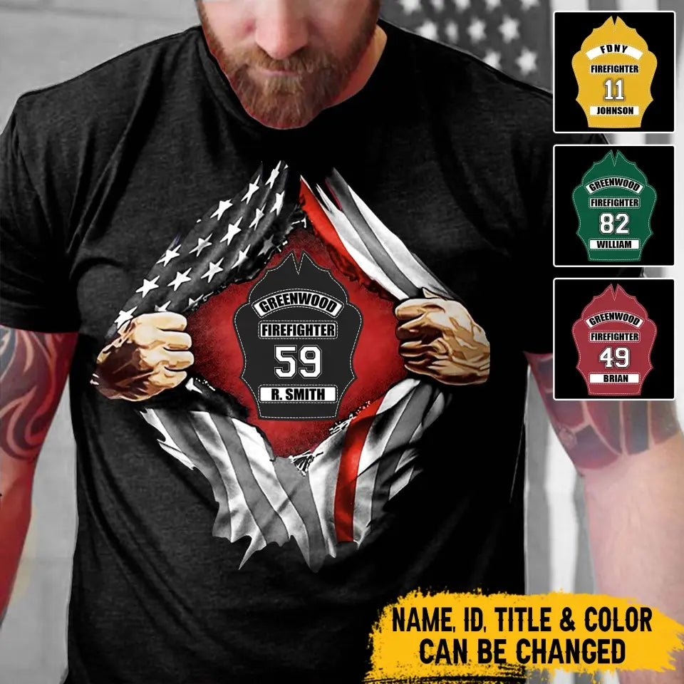 Personalized US Firefighter Hand Tear Flag Custom Name & ID Number T-shirt Printed LVA241772