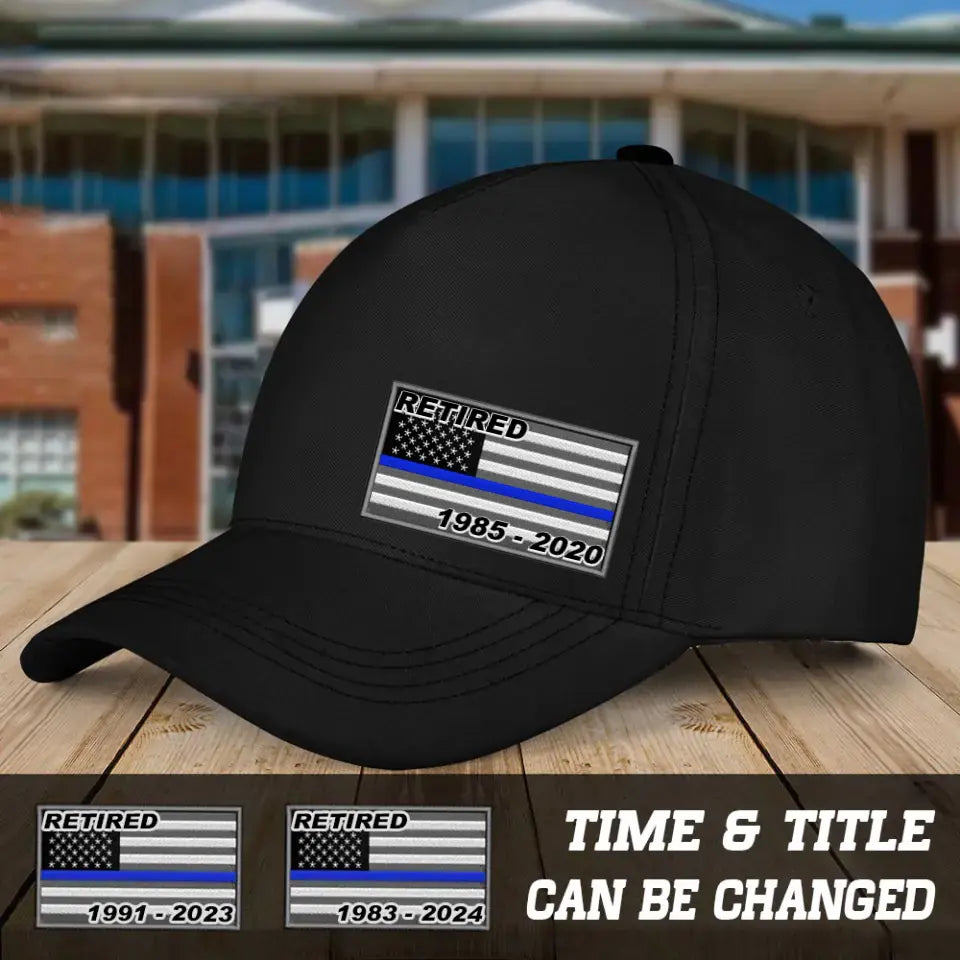 Personalized Retired US Police Blue Line Custom Time Black Cap Printed QTVA241769