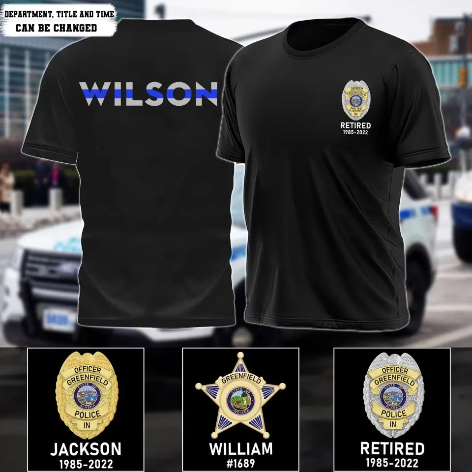 Personalized US Police Badge & Service Time Custom Name Blue Line Retired Police Officer T-shirt Printed KVH241793