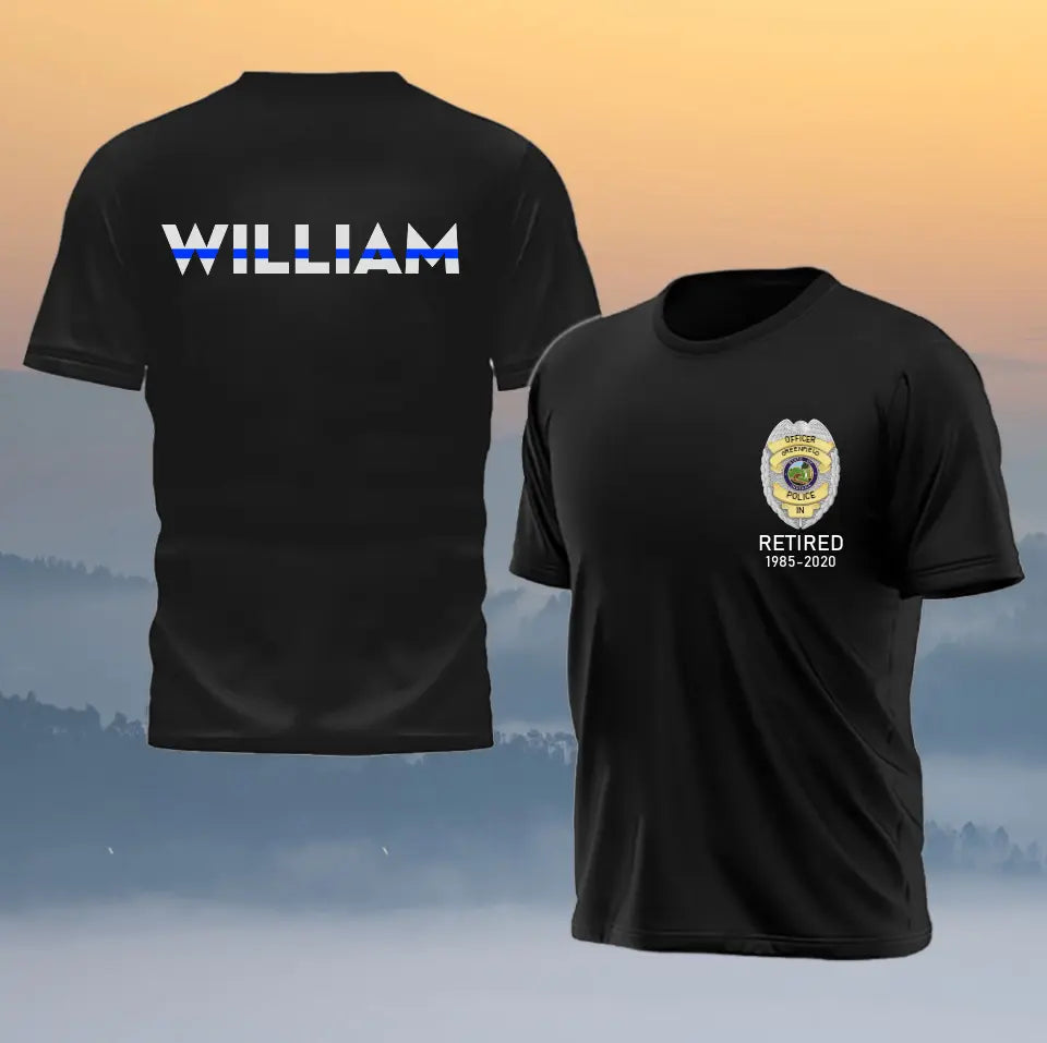 Personalized US Police Badge & Service Time Custom Name Blue Line Retired Police Officer T-shirt Printed KVH241793