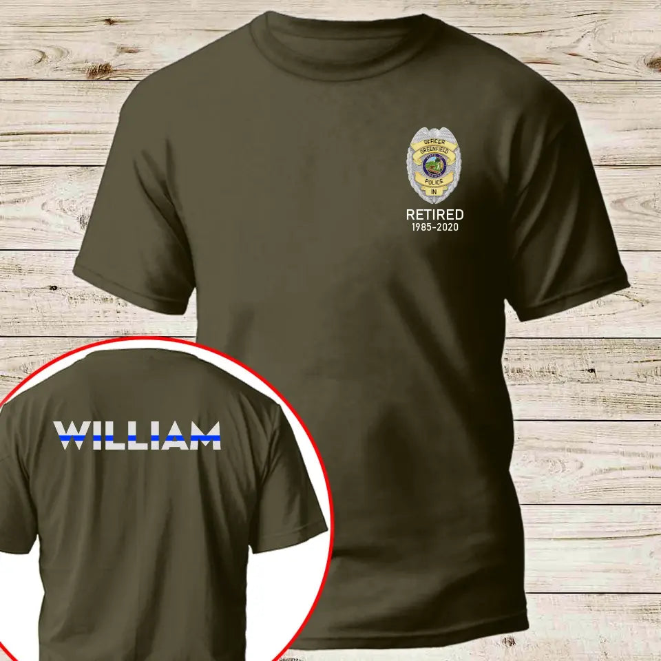 Personalized US Police Badge & Service Time Custom Name Blue Line Retired Police Officer T-shirt Printed KVH241793
