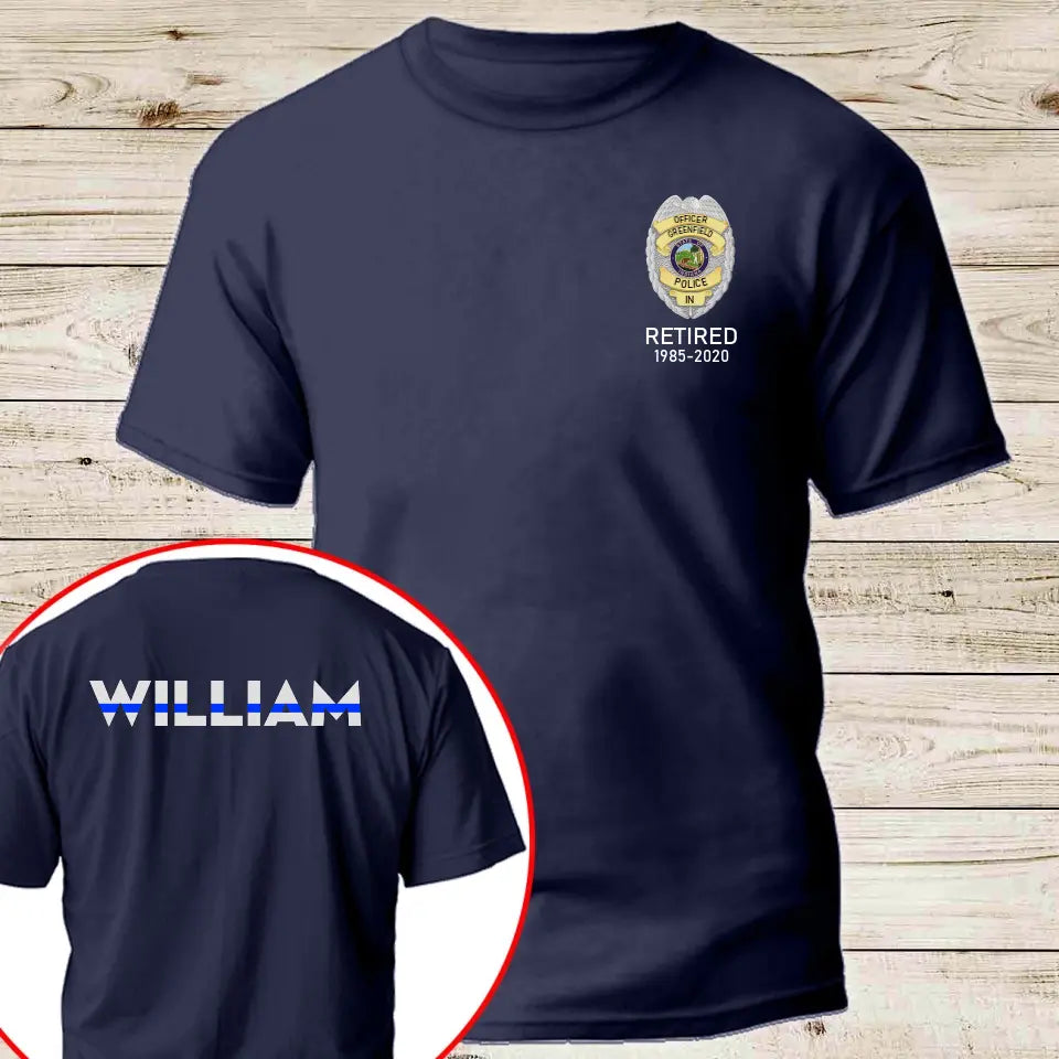 Personalized US Police Badge & Service Time Custom Name Blue Line Retired Police Officer T-shirt Printed KVH241793