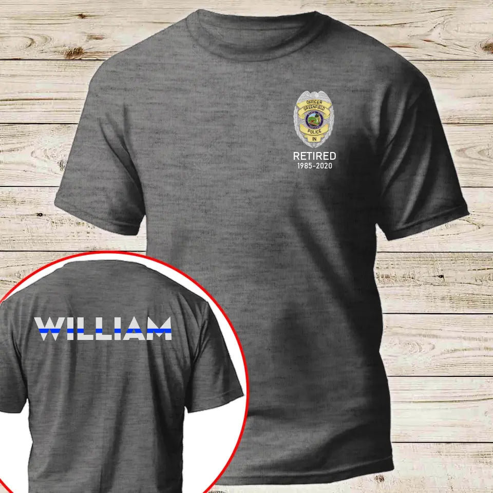Personalized US Police Badge & Service Time Custom Name Blue Line Retired Police Officer T-shirt Printed KVH241793