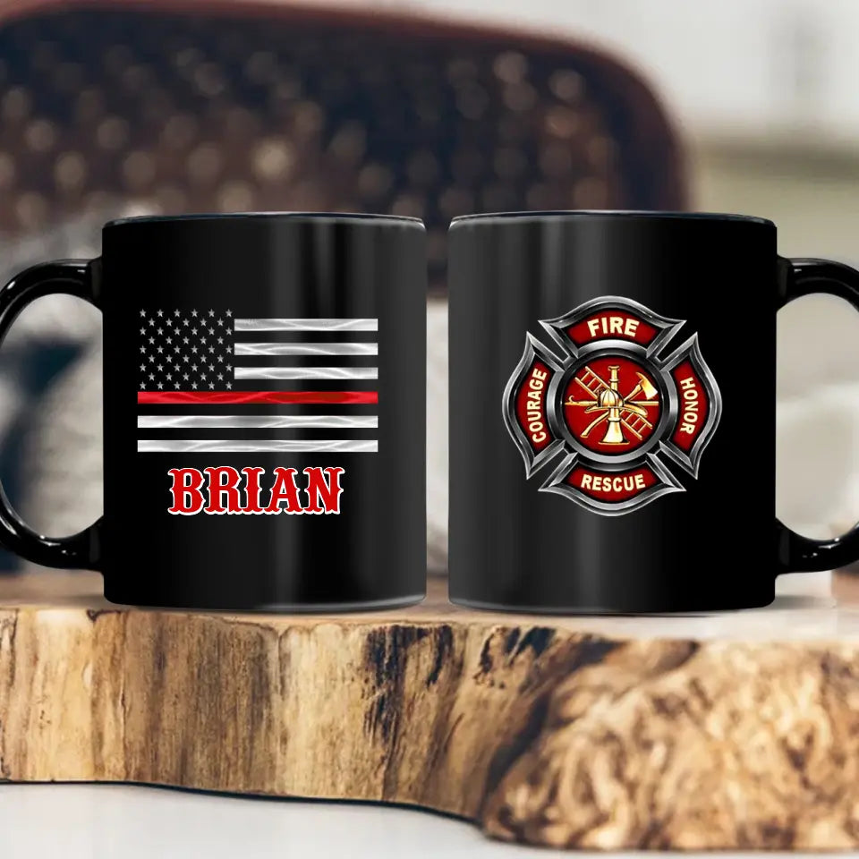 Personalized US Firefighter Logo Custom Name US Firefighter Flag Black Mug Printed QTVA241799