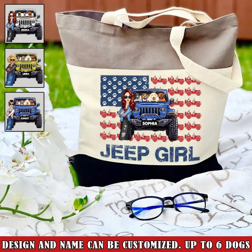 Personalized Jeep Girl & Dog Jeep US Flag Canvas Tote Bag 3D Printed VQ241804