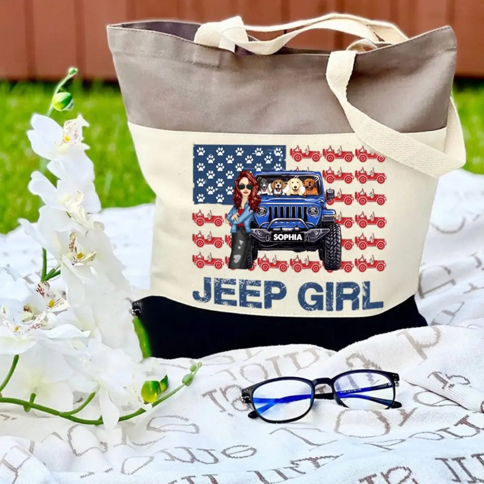 Personalized Jeep Girl & Dog Jeep US Flag Canvas Tote Bag 3D Printed VQ241804
