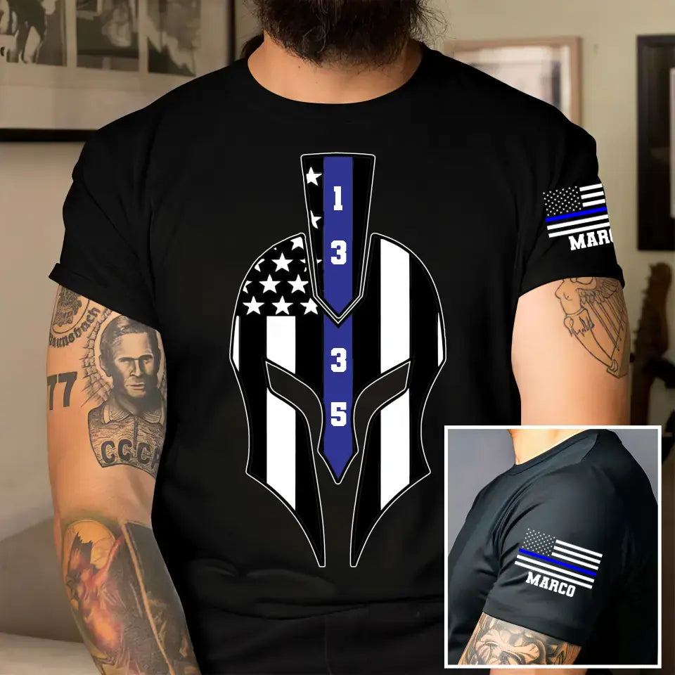 Personalized US Police US Flag Helmet Blue Line Custom Name T-shirt Printed QTKH241813