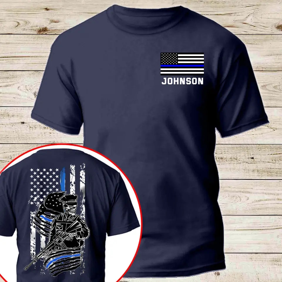 Personalized US Police Skull US Flag Blue Line T-shirt Printed QTVQ241816
