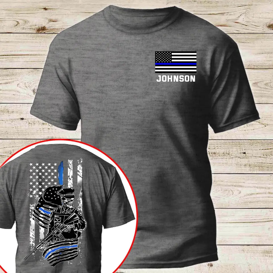 Personalized US Police Skull US Flag Blue Line T-shirt Printed QTVQ241816