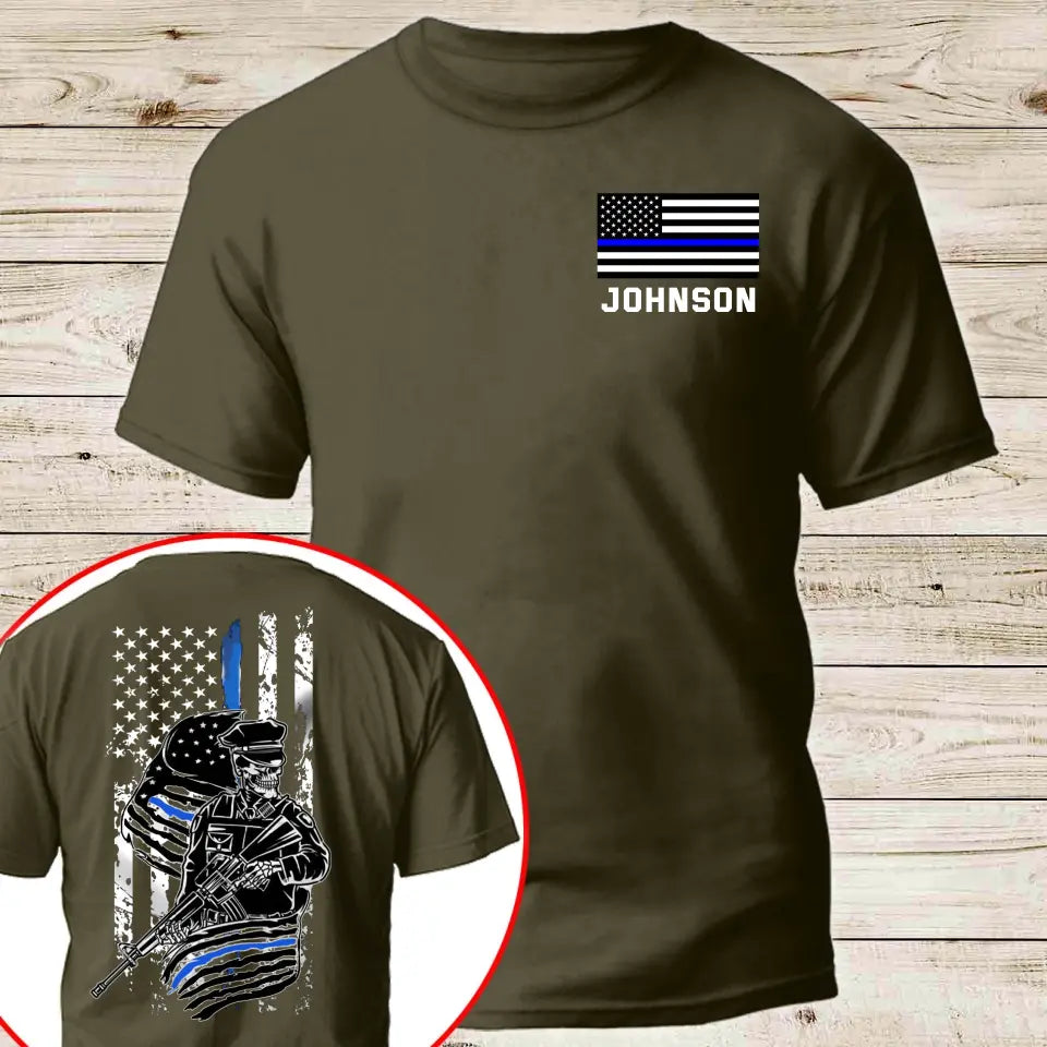 Personalized US Police Skull US Flag Blue Line T-shirt Printed QTVQ241816