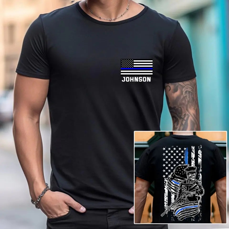 Personalized US Police Skull US Flag Blue Line T-shirt Printed QTVQ241816