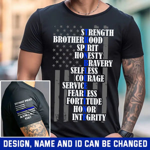 Personalized Thin Blueline Strength Brotherhood Spirit Honesty Bravery US Police Flag T-shirt Printed QTHN241832