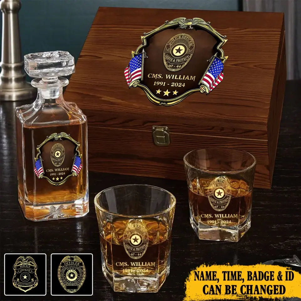 Personalized US Police Bagde Custom Name & Time 
Decanter Set With Glasses Or Whiskey Glass Printed AHVA241836