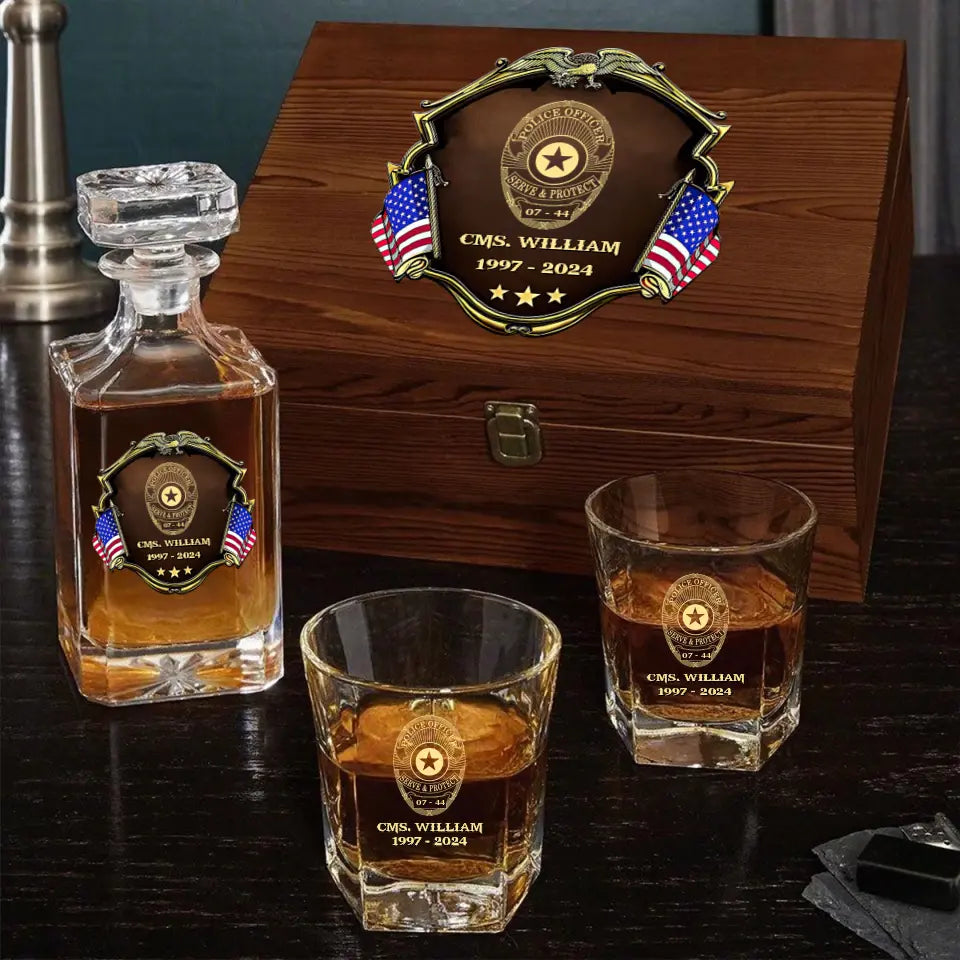 Personalized US Police Bagde Custom Name & Time 
Decanter Set With Glasses Or Whiskey Glass Printed AHVA241836