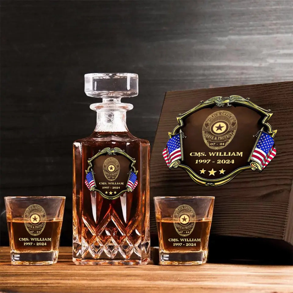Personalized US Police Bagde Custom Name & Time 
Decanter Set With Glasses Or Whiskey Glass Printed AHVA241836