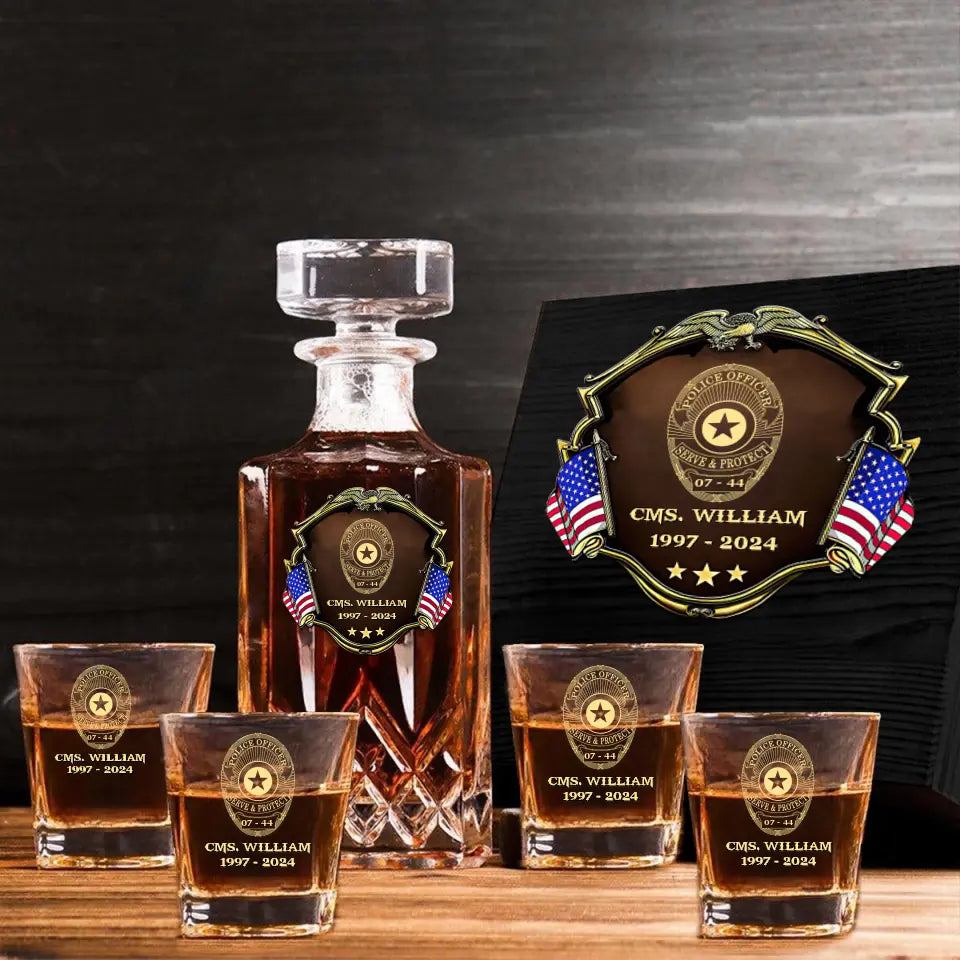Personalized US Police Bagde Custom Name & Time 
Decanter Set With Glasses Or Whiskey Glass Printed AHVA241836