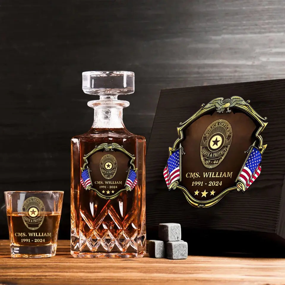 Personalized US Police Bagde Custom Name & Time 
Decanter Set With Glasses Or Whiskey Glass Printed AHVA241836