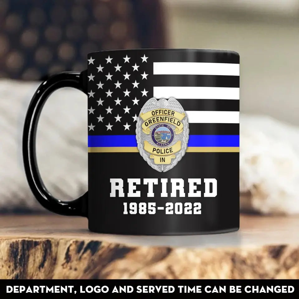 Personalized Retired US Police Badge & Service Time US Flag Blue Line Black Mug Printed QTKH241851